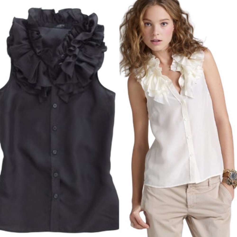 J Crew Silk Black High Neck Ruffle Tank Top